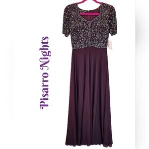 Pisarro Nights Maxi Gown Womens Sz 4 Red Wine Bead Bodice Lined Chiffon Overlay